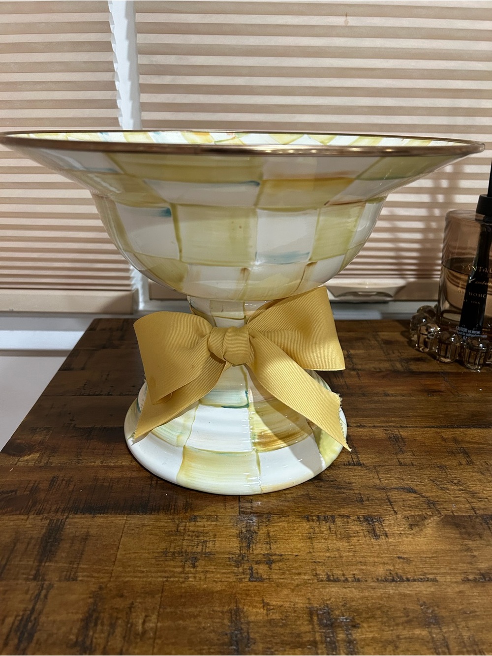 Mackenzie Childs parchment check discontinued and rare large compote